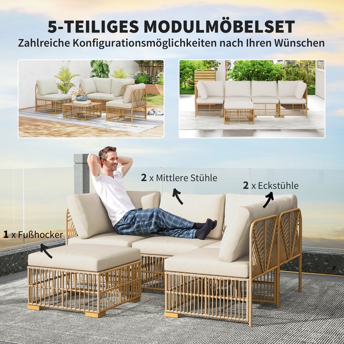 **Набір садових меблів Outsunny Ecklounge з ротангу: кутовий диван, крісло, пуф та подушки для 5 осіб.**

*Опис:* Чудовий набір для відпочинку на вашому балконі, терасі або в саду. Міцний та стійкий до погодних умов, цей комплект з ротангу включає кутовий