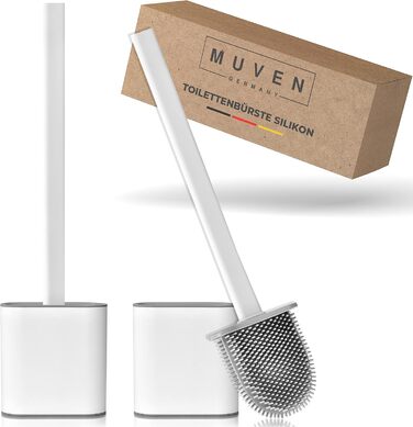 Силіконова щітка для унітазу MUVEN® з плоскою та гнучкою насадкою, швидковисихаючий тримач та гумові виступи - щітка для унітазу на стіну без свердління (білий, матовий)