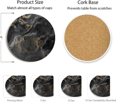 Set of 6 abstract dark blue marble coasters with holder, absorbent ceramic coasters for drinks, coasters with cork backing for table protection, housewarming gifts (Abstract Black Marble)
