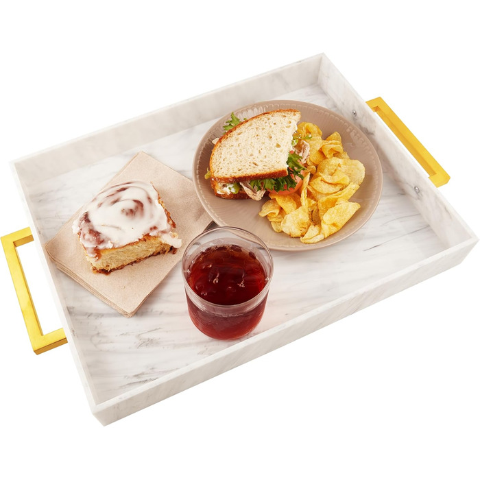 Acrylic Serving Tray with Golden Handles, 40.6 x 30.5 x 5.1 cm Decorative Tray for Table, Food, Drinks Serving Platter for Countertop, Kitchen, Bathroom, Party, Serving Tray (Marble)