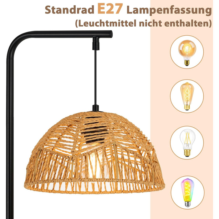 Торшер Rattan Boho - Стильний торшер для вітальні, спальні, тераси, офісу E27 164 см, чорний, з ніжкою-вимикачем