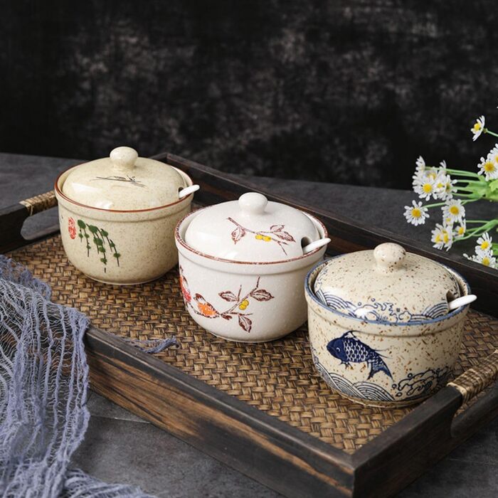 Керамічна цукерниця з ложкою 430мл, дозатор для солі, приправа, спеції, керамічний контейнер для кухні, дому, кав'ярні (білий) (Tree 400мл)