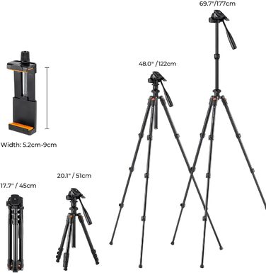 Штатив K&F Concept 177см для камери та телефону, трипод з 3-стороннім кріпленням, легкий туристичний штатив з алюмінію для DSLR та смартфонів