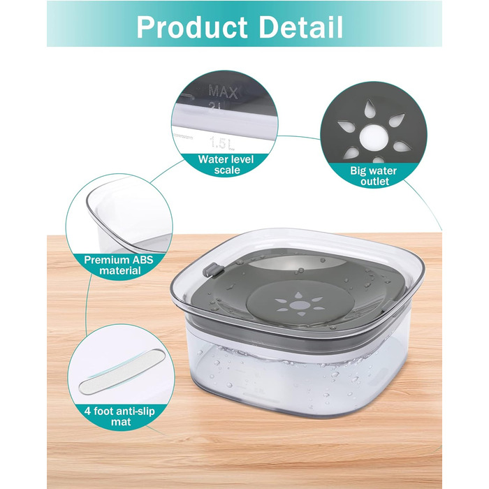 Миска для собак PETTOM 2L без розбризкування, велика сіра, з анти-розливним механізмом