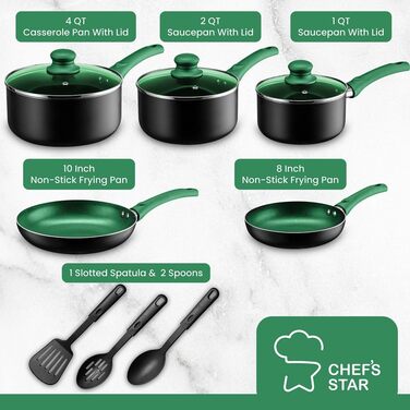 Набір каструль та сковорідок Chef's Star, 11 предметів, антипригарне покриття, алюміній, зелений
