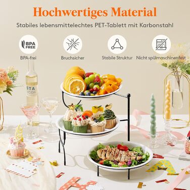 Lifewit 3-Tier Serving Tray, Round Serving Plates, White Reusable Food Trays with Display Stand for Buffets, Snacks, Vegetables, Fruit, Cookies, Dessert, Party Supplies, Black
