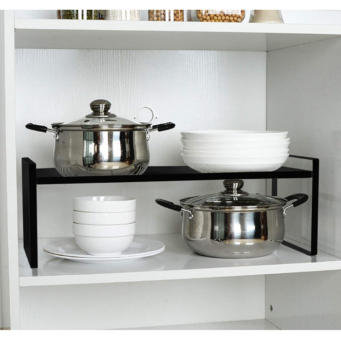 KZOBYD Expandable Kitchen Shelf, Foldable Kitchen Cabinet Shelf Spice Rack Organizer for Dishes and Supplies Stackable Kitchen Storage Organizer for Extra Storage Space (White, ) (Black, M)