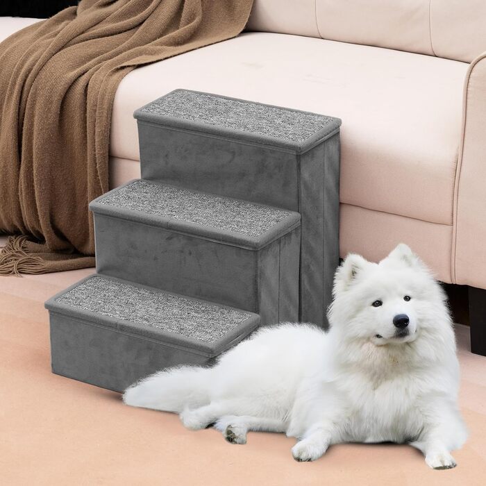 Сходи для собак SOARS, складані, з місцем для зберігання, неслизькі, до 50 кг, для котів та собак, під ліжко/диван (сірий, 3 сходи, 38 x 51 x 45 см)