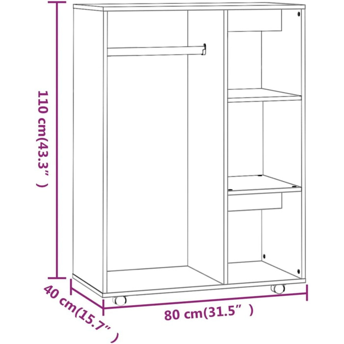 vidaXL Wardrobe with Open Shelf, 3 Side Shelves, Wheels, Coat Rack, Wardrobe, Bedroom, White, 80x40x110cm, Wood-Based Material (Smoked Oak)