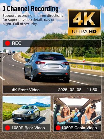 3-канальний автомобільний відеореєстратор 4K+1080P+1080P (передній, задній, салонний), 5GHz WiFi, 3.16