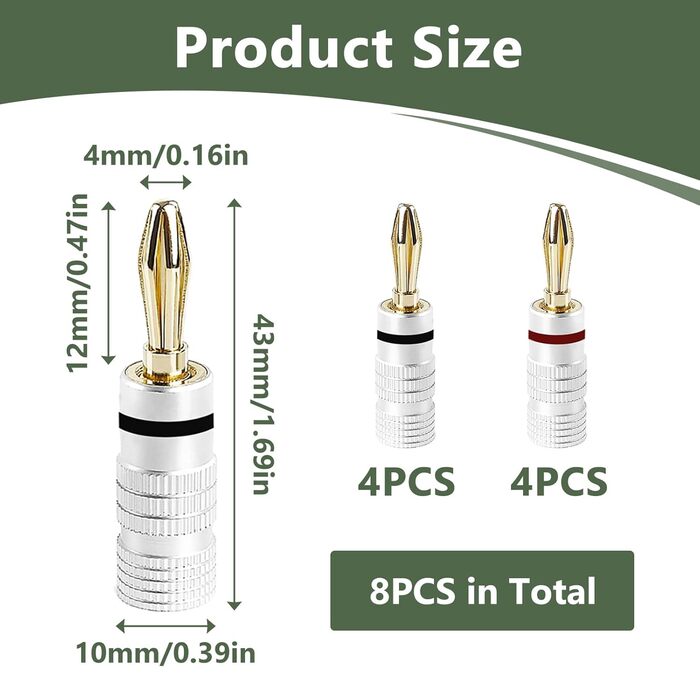 8 шт. бананові конектори 24K позолота для акустичних кабелів, Hi-Fi аудіо, домашній кінотеатр, 4 червоні, 4 чорні, сумісні з кабелями 0.75 мм - 4 мм