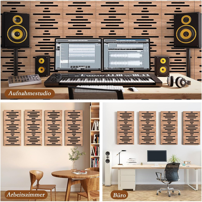 Акустичні панелі JBER для звукоізоляції стін, самоклеючі шумопоглинаючі плити з імітацією горіха (еліптичні лінії), 60×30×4.5 см, 4 шт. — для студії звукозапису та дому