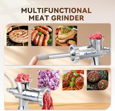 М'ясорубка ручна Hanchen з нержавіючої сталі з присоскою, насадкою для ковбас, 2 дисками та шреддером для овочів - посудомийна