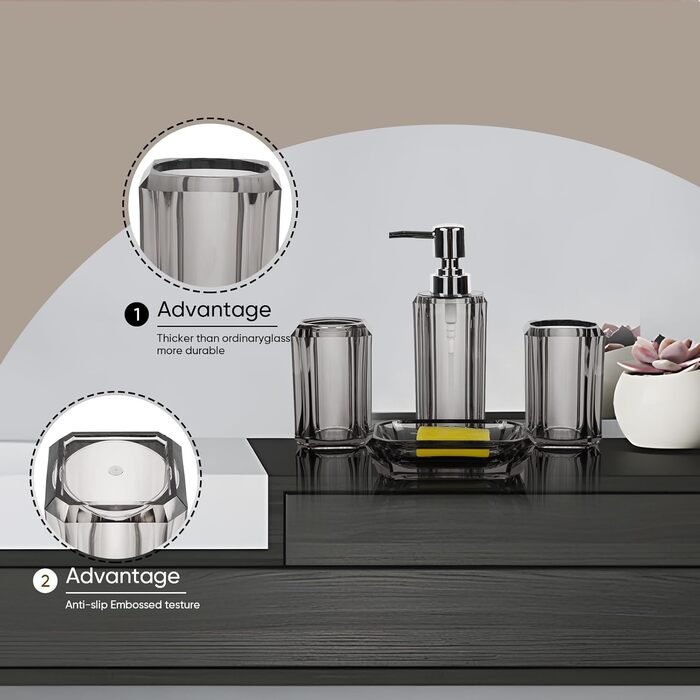 Набір аксесуарів для ванної кімнати з акрилу преміум-класу (4 шт.): дозатор для дезінфектора, диспенсер для лосьйону, мильниця, стакан для ополіскувача, стакан для зубної пасти (щіткова чорна/сіра)