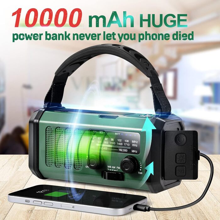 Сонячне радіо 10000 mAh з NOAA, USB зарядкою, ліхтариком та компасом для відпочинку на природі