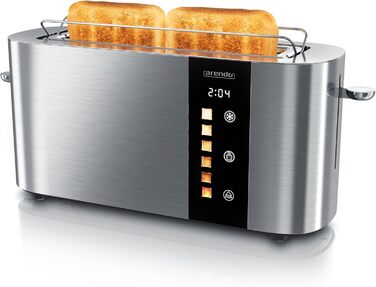Тостер Arendo з нержавіючої сталі, 2 відділення, довгий проріз, сенсорний екран, подвійні стінки, насадка для бургерів, 6 рівнів підсмажування, центрування хліба, індикатор часу, функція пам'яті, чорний (C: Steelsilver)