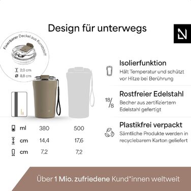 Термокружка для кави та чаю LARS NYSØM | 380 мл, з Tritan кришкою та петлею | Зі сталі, з ізоляцією, витокозахисна, Taupe Brown