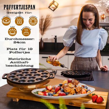 Чавунна сковорода для міні-панкейків IRONO Poffertjes, 19 отворів, з аксесуарами (масляний пензлик, лопатка, 6 виделок, пляшка для тіста, ручки)