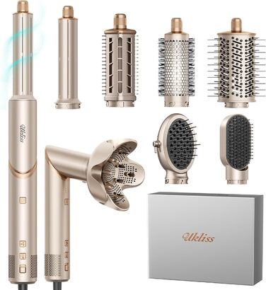 UKLISS Hairstyler 8 в 1: Професійний стайлер для волосся з авто-завивкою, іонізацією та функцією фена, підходить для всіх типів волосся, золотий
