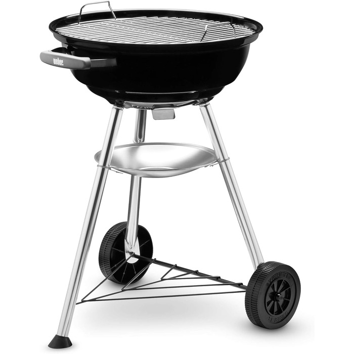 Вугільний гриль Weber Compact Kettle 47 см, порцелянове покриття, на тринозі з колесами, хромована решітка, чорний