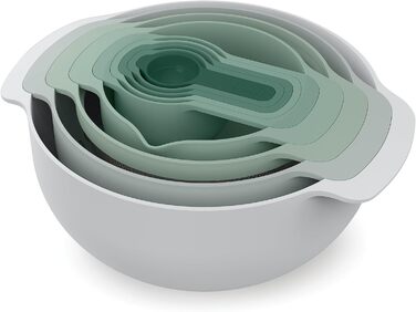 Joseph Joseph Nest 9 Plus, 9-piece compact food preparation set with mixing bowls, measuring cups, colander and sieve, Editions Range, Sage Green, Green