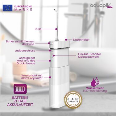 Портативна бездротова іригатор Aquapik® Mini | Іригатор для імплантів та брекетів | Бездротовий, водонепроникний IPX7, 1200 імпульсів/хв, 21 день роботи від акумулятора, 4 насадки (білий)