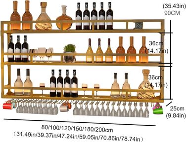 Настінна вітрина для вина з металу з підсвічуванням, 3 яруси, 100 см, чорний/золотий