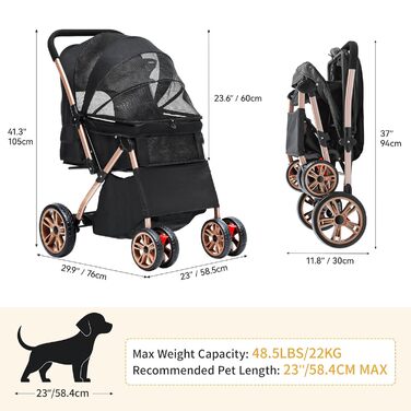 Візок для собак DWVO 3-в-1: візок, переноска, сумка для транспортування. Підходить для собак та котів до 22 кг. Зручний, складаний, з міцними EVA-колесами, кошиком та сітковими віконцями. Розміри: 58,5x76x105 см. Чорний колір.