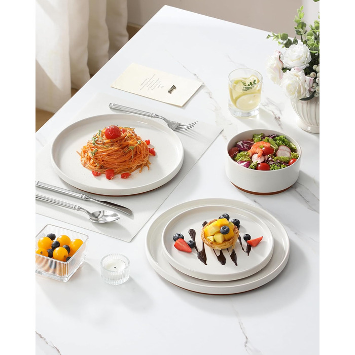 MALACASA Набір посуду з каменю 6 осіб, 18 предметів: тарілки, миски, супи, кераміка, білий з коричневим, посуд для сервірування столу