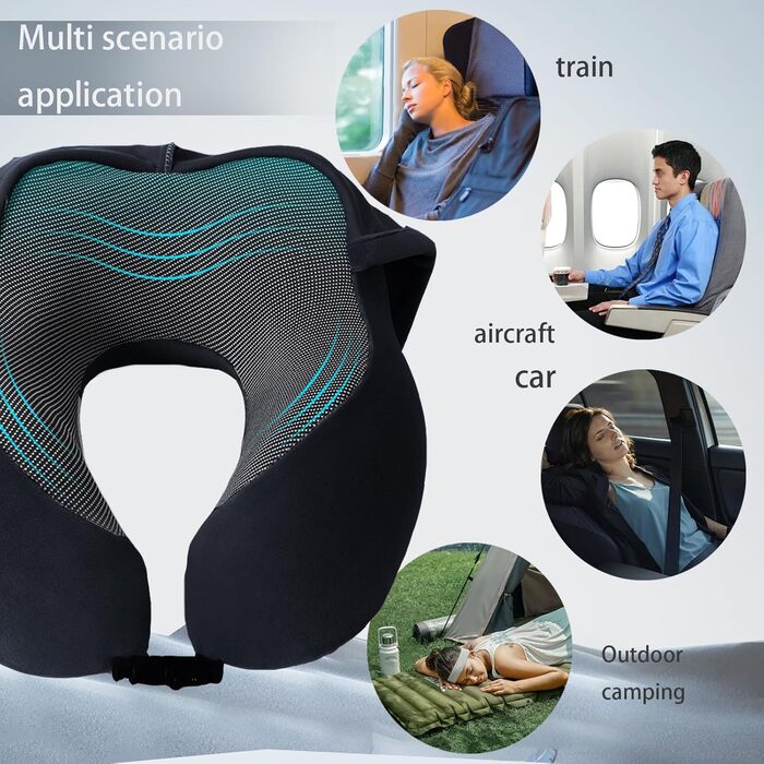 Подушка для шиї Memory Foam | Подушка для подорожей в літаку з 95% світлозахистом, регульована підтримка шиї, Travel Pillow для подорожей, офісу та сну на боці (Чорний)