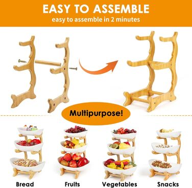 Керамічна етажерка для фруктів Diealles з 3 ярусами, бамбуковий підставник, для сім'ї, стабільна, сумісна з овочами та снеками