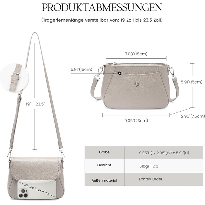 Сумка жіноча через плече Befen зі шкіри, середнього розміру, RFID захист, сіра