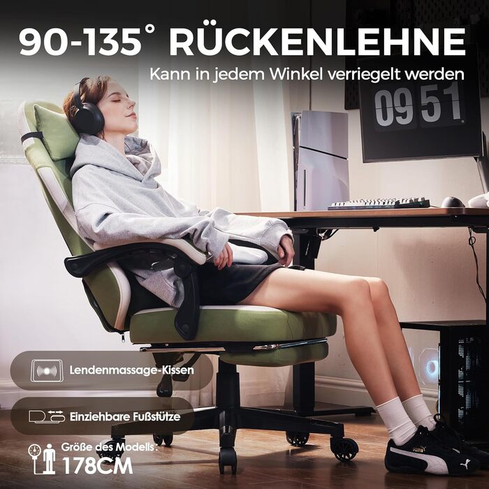 Ігровий крісло Dowinx з тканини, масажною підтримкою попереку та підніжкою, ергономічний офісний крісло для дорослих, великий і високий, 135 кг (зелено-білий)