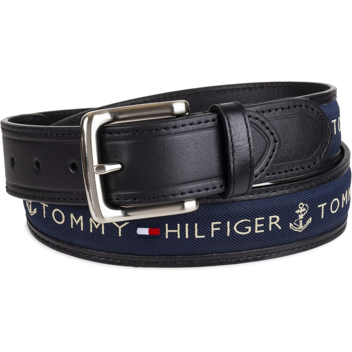 Чоловічий шкіряний ремінь Tommy Hilfiger з тканинною вставкою та класичною пряжкою, чорний/темно-синій (1 шт.)