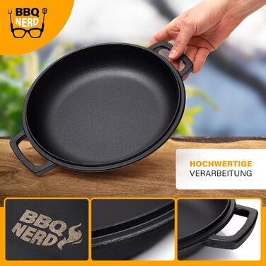 Чавунна сковорода BBQ Nerd для гриля, смаження та запікання, діаметр 35 см, 4550 г, з носиком і ручками, антипригарна, жаростійка, зберігає тепло