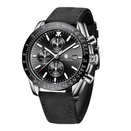 Годинник чоловічий BENYAR Chronograph з кварцовим механізмом, аналоговий, з шкіряним ремінцем. Стильний дизайн для бізнесу, спорту та повсякденного носіння. Водостійкість 30M. Елегантний подарунок для чоловіків (чорний ремінець, сріблясте корпус, чорне циферблат)