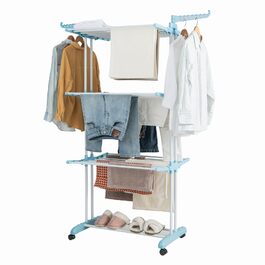 Стійка для сушіння білизни HOMASIS з 4 рівнями, розкладна, з колесами та бічними крилами, 127x63x171см, блакитна, вантажопідйомність 30 кг