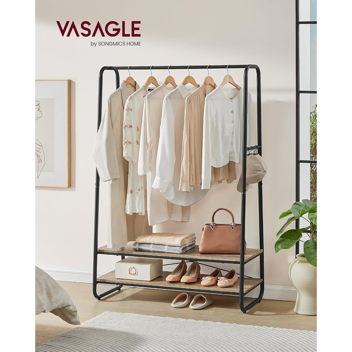 VASAGLE Clothes Rack, Coat Rack, Wardrobe, 2 Shelves, 6 S-Shaped Hooks, Steel Frame, for Bedroom, Hallway, Entrance Area, Cloud White-Matt White RGR112W02 (Turquoise Brown-Matt Black)