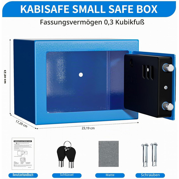 Цифровий мінісейф Safe Tresor на 6,8 л, синій — компактний домашній сейф для документів та цінностей з електронним замком та 2 ключами, 23 x 17 x 17 см