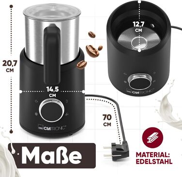 Електричний пінозбивач Clatronic® MS 3812 | з нагріванням | для теплого та холодного пінo | 740 мл | Чорний-inox | Модель 2024