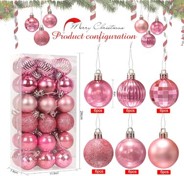 Новорічні кулі Рожеві, 36 шт. Кулі для ялинки з пластику 4 см, набір прикрас для ялинки, декор для святкування