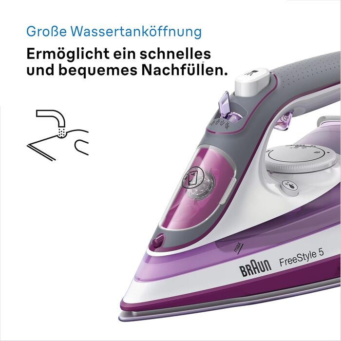 Праска з живленням від пари Braun FreeStyle 5 SI 5037 VI - потужний відпарювач з підошвою Freeglide 3D, вертикальним відпарюванням, 2700 Вт, 200 г/хв, резервуар 330 мл, фіолетовий