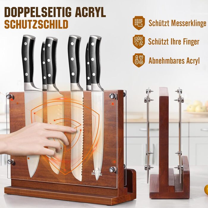 ENOKING Premium Plus Knife Block Magnetic, Magnetic Knife Block with Protection, High-Quality Magnetic Knife Holder, Acacia Wood Cutting Board with Double-Sided Strong Magnet for up to 14 Knives