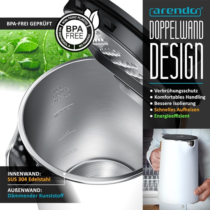 Набір Arendo: чайник з регулюванням температури та тостер на 4 скибочки з підігрівом для бутербродів - нержавіюча сталь, білий матовий