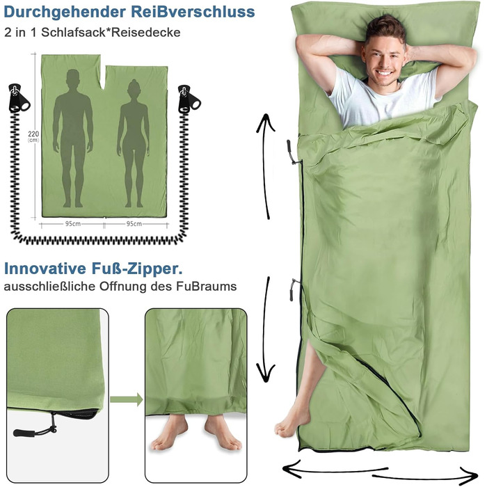 Спальний мішок для кемпінгу 2в1, мікрофібра, 220x95 см, зелений