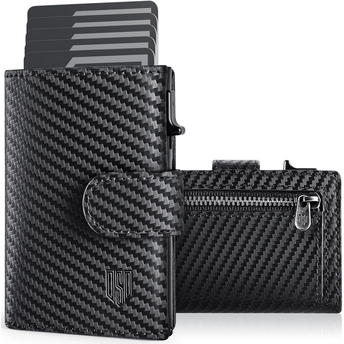 DODENSHA Credit Card Wallet - Wallet for Men - RFID Credit Card Holder with Coin Pocket, Automatic Pop-up Card Holder Made of Aluminum for 8-10 Cards, ID Window, Black | Carbon