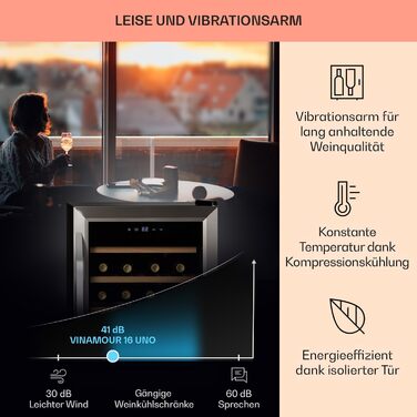 Klarstein Wine & Beverage Refrigerator - 1 Zone, UV Protection, 5-18°C, 16 Bottle Capacity, Freestanding, Silver & Black