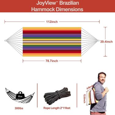 Гамак бразильський JoyView одинарний, 200x100 см, червоно-смугастий, з мотузками та сумкою для перенесення - для дому та відпочинку на природі