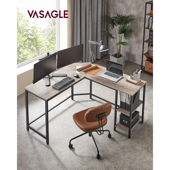 Кутовий L-подібний письмовий стіл VASAGLE для комп'ютера та геймінгу, 138 x 138 x 76 см, з 2 полицями для офісу та дому, колір бежевий (greige) та чорний, LWD72MB