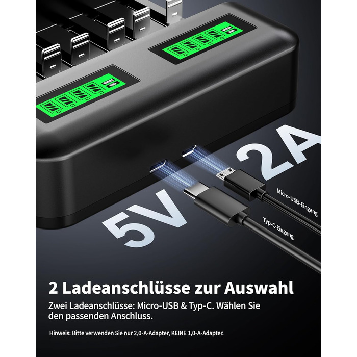 Зарядний пристрій EBL для акумуляторів AA AAA C D NI-MH, Type-C, LCD дисплей, швидка зарядка